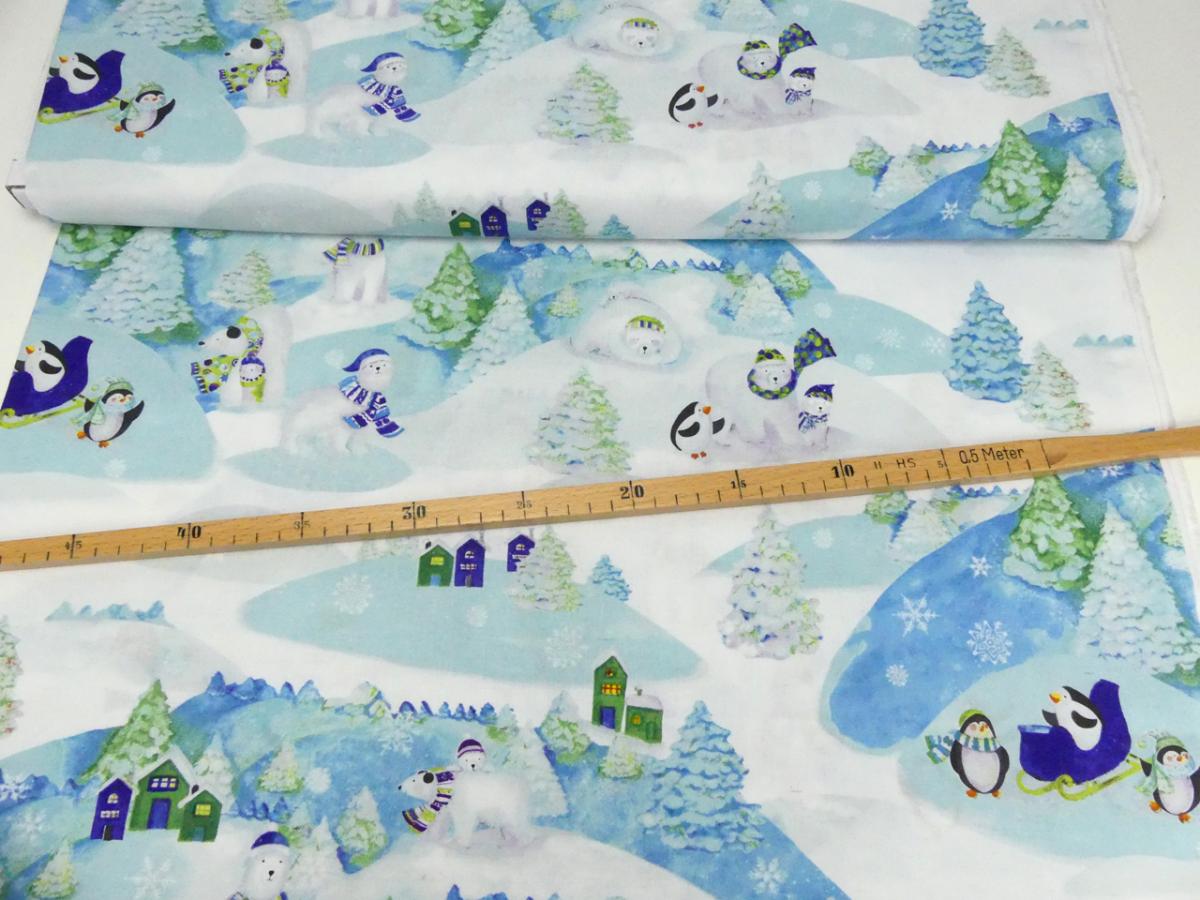 Patchworkstoff Clothworks Snowville Eisbären auf türkis mit Maß